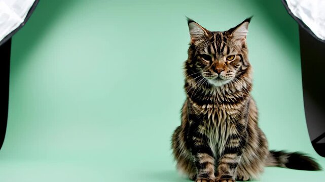 A majestic Maine Coon cat sits serenely on a pastel green background, illuminated by soft studio lighting, viewed from a front perspective.
