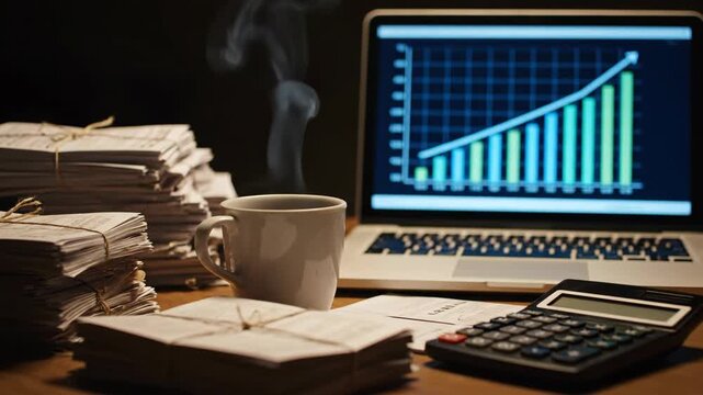 Desk with steaming coffee cup, stacks of documents, calculator, and laptop showing financial growth chart, concept for busy work and accounting.
