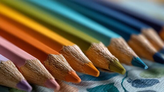 A collection of colorful pencils arranged diagonally on a solid cream background, sharp tips in focus, subtle soft shadows