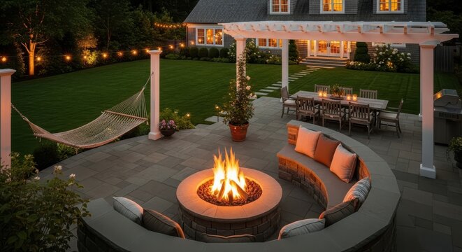 Backyard patio design with circular fire pit and curved stone seating