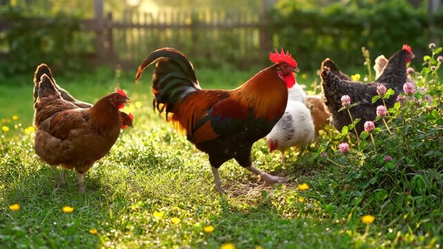 Roosters and hens walking and foraging in sunlit backyard. Farm fowl grazing on green grass with wild yellow flowers. Organic poultry concept.