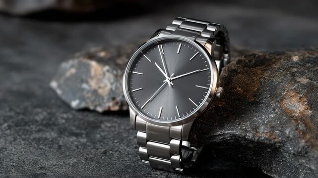 A sleek metal wristwatch displayed upright on a matte gray background, dramatic side lighting highlighting textures and contours