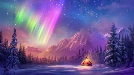 Fototapeta premium Spectacular Northern Lights Over Snowy Landscape with Tent and Forest in Serene Winter Night