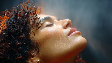Woman with Closed Eyes and Curly Hair in Smoke