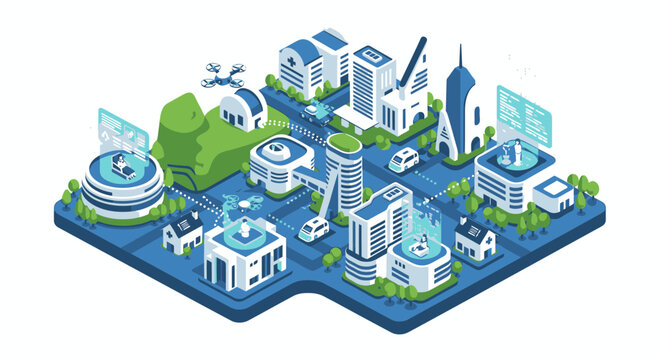 Isometric cityscape with modern buildings and technology infrastructure.