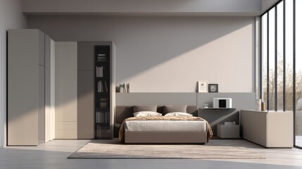 Modern minimalist bedroom interior design with natural light, wooden flooring, elegant furniture pieces, and serene atmosphere for contemporary living
