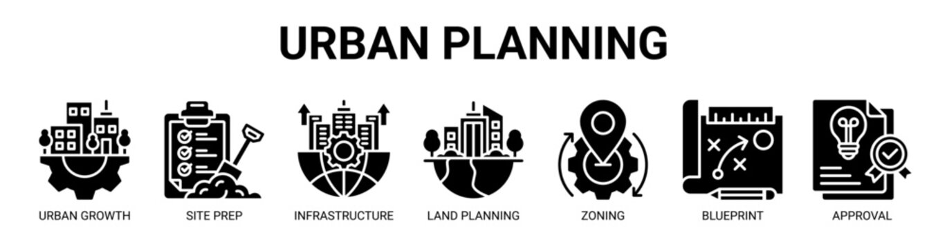 Urban Planning web banner icon vector illustration concept with icon of urban growth, site preparation, infrastructure development, land planning, zoning, blueprint, and project approval.