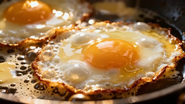 Sunny side up fried eggs sizzling in pan close-up