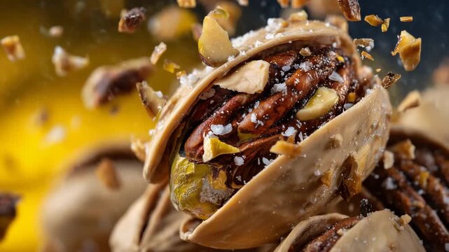 Artistic macro composition of a pistachio nut bursting open, shell shards and nut pieces frozen in chaotic harmony, yellow background for vibrant contrast, motion and texture empha