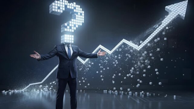 A businessman with a question mark head stands next to an upward arrow chart, made of cubes, representing growth. Symbolize uncertainty and progress in business and finance and illuminate success