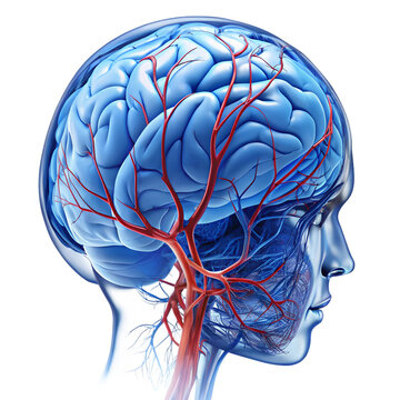 Anatomical illustration of the human brain with a focus on its intricate network of blood vessels and arteries