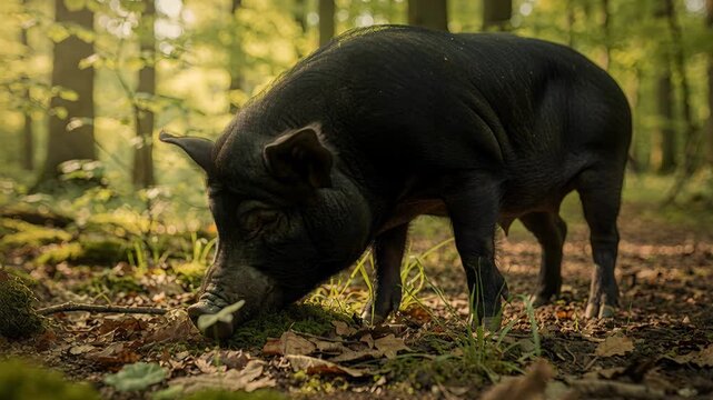 A black pig is seen foraging in the forest, its snout to the ground in search of food. The scene evokes tranquility, wonder, and a connection to nature, suited for conservation, wildlife, farms