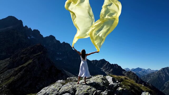 Woman standing on a mountain peak, holding a long yellow fabric flowing in the wind. Freedom and spiritual connection with nature.