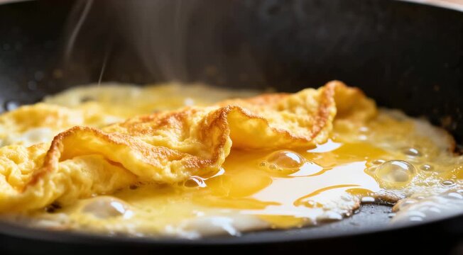 Fluffy omelette with runny egg yolk frying in pan close-up