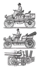 Obraz premium Early automotive vehicle design illustrated with driver and mechanical detail