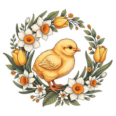 Isolated yellow chick on transparent background with floral wreath