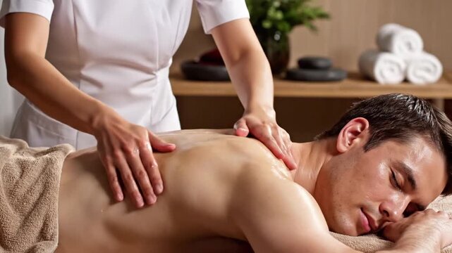 Man receiving relaxing back massage from therapist in luxury spa