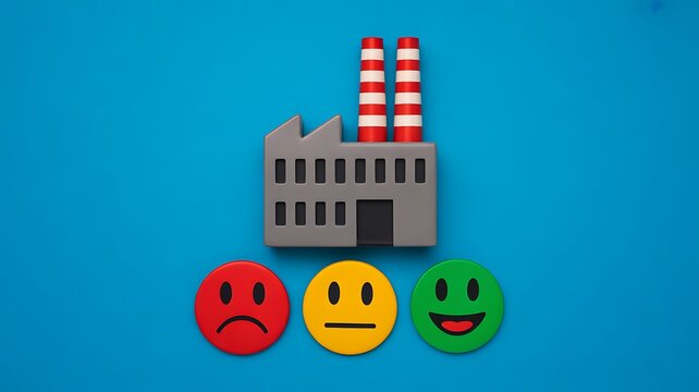 Industrial pollution impact rating concept with factory and emotions
