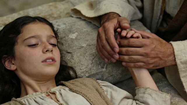 Biblical scene of Jesus raising Jairus's daughter. The miracle of resurrection. The girl opens her eyes and sits up. Talitha cumi