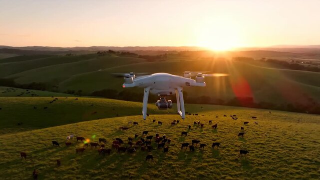 White drone flying over grazing cattle on green rolling hills during golden sunset. Smart agriculture and ranch monitoring technology.