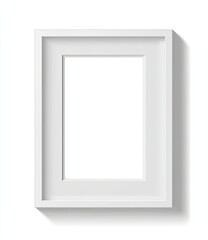 Empty white picture frame with mat, isolated on a white background, casting a shadow