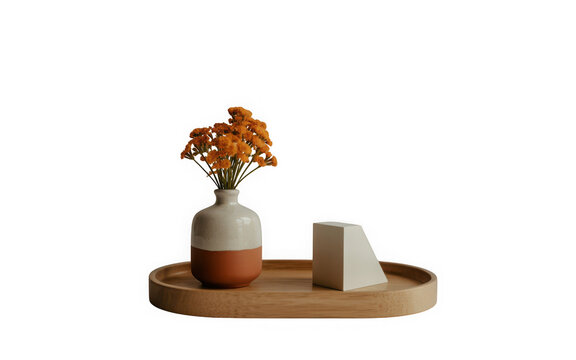 Minimalist arrangement of a vase with orange flowers and a geometric object on a wooden tray isolated on transparent background