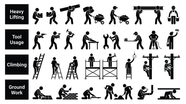 Black construction worker safety pictogram set with heavy lifting, tool usage, climbing ladder, scaffold work icons, vector silhouettes for signage or instruction manual