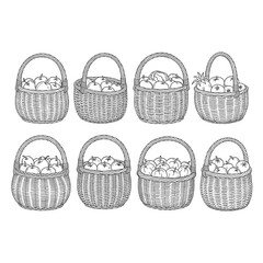Eight white woven baskets isolated on transparent background