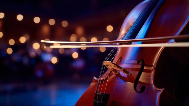 Close-up of a cello fingerboard and strings, deep wood tones and string tension visible, soft lighting creating a rich orchestral atmosphere