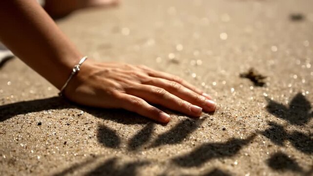 Woman's hand with bracelet gently touches sparkling beach sand under dappled sunlight and leaf shadows.