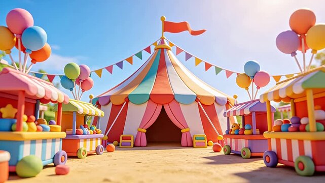 Colorful carnival with circus tent and stalls