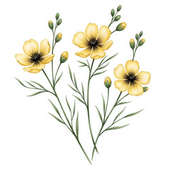 Yellow flowers isolated on transparent background with green stems