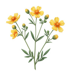 Yellow flowers isolated on transparent background with green stems