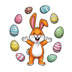 Easter bunny isolated on transparent background with colorful eggs