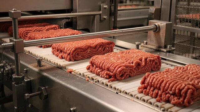 Rows of ground meat on a conveyor belt create an industrial mood, showcasing the process of food production. Ideal for culinary, advertising, or educational projects related to meat and food processin