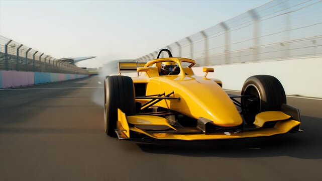 Yellow Formula 1 Race Car Speeds Down Track.