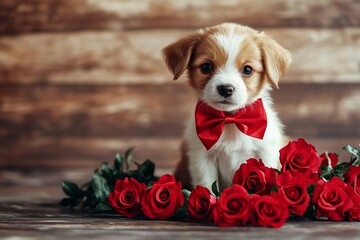 adorable puppy with red bow sitting peacefully