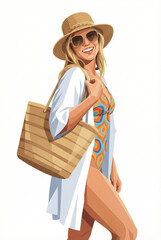 Stylish illustration of a happy blonde woman ready for a beach vacation. She wears a swimsuit, sun hat, and holds a bag, isolated on a white background.