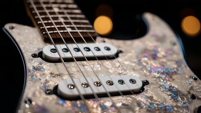 12Detailed close-up of an electric guitar pickups and strings, chrome hardware reflecting studio lights, textured body finish conveying modern music style