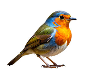 Obraz premium Colorful small bird with blue head orange chest and green back.