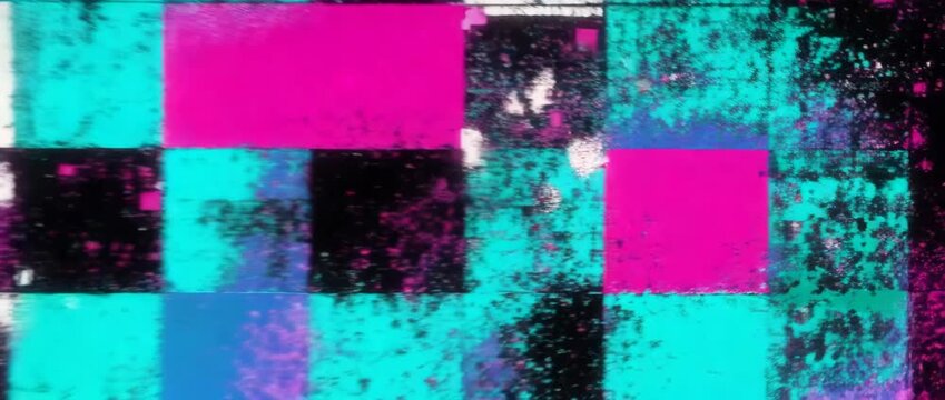 Glitchy pixel explosion with neon digital blocks