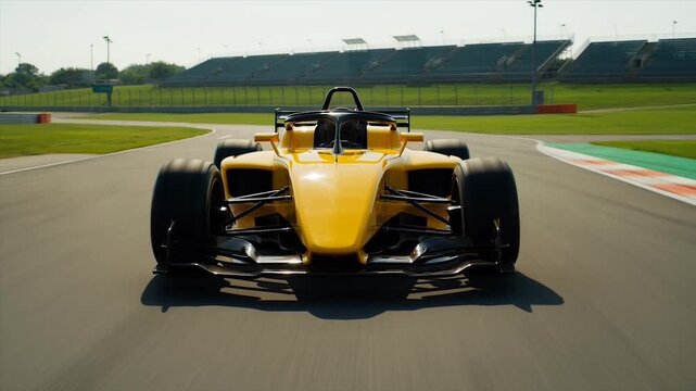 Yellow Formula Racing Car Speeds Down Asphalt Track During Daytime.