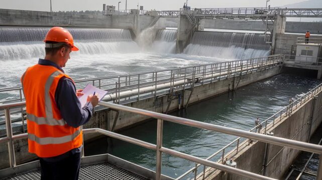 An engineer in safety vest oversees dam operations, documenting observations. The scene evokes responsibility, power generation, inspection, and environmental stewardship. Suitable for industry, energ