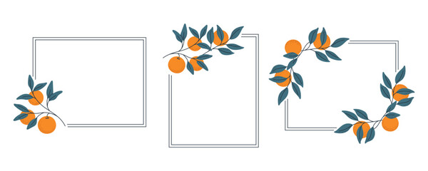 Naklejka premium Square Frames Set with Orange Citrus Fruits and Leaves vector