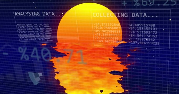 Sun appearing and emitting reflection, rotating pie-chart and HUDs collecting and analysing data