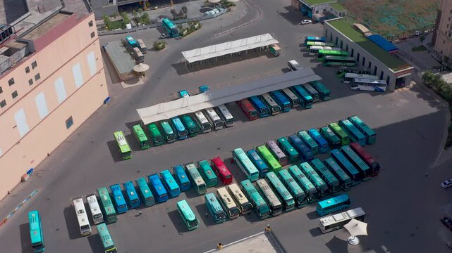 Aerial Bus Station with Parked Coaches and Terminals