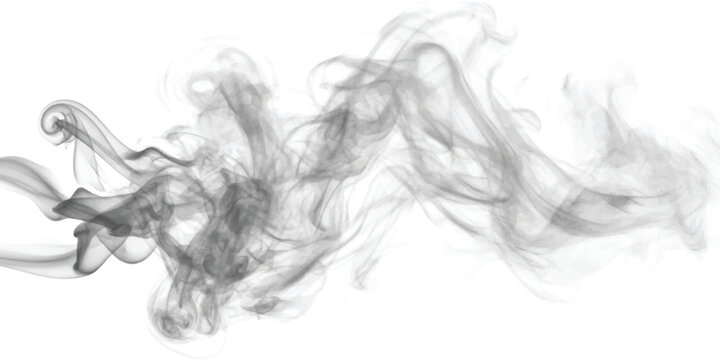 An abstract and flowing stream of gray smoke captured against a bright white background