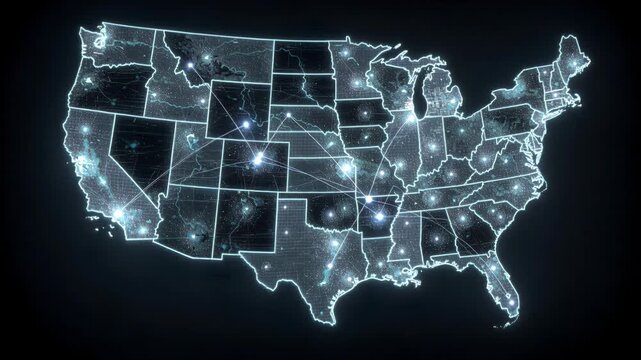 A vivid rendering of the mainland USA map, depicting states, cities and an interstate highway system using glowing blue light. Modern, high-tech, and suitable for various uses, including technology