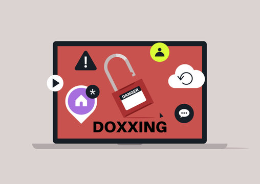 A laptop screen illustrates the dangers of doxxing with bold graphics and warning signs, Icons of security, risk, and internet privacy fill the display to convey urgency and awareness.
