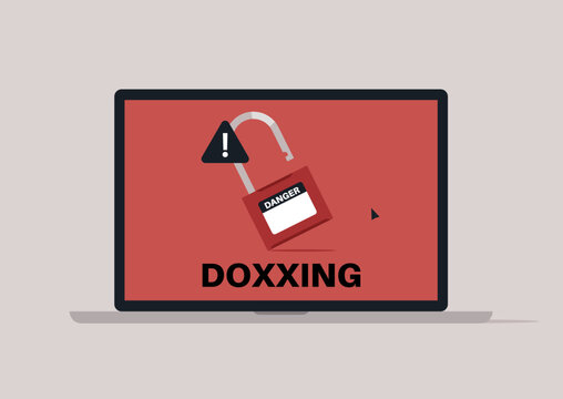 A laptop screen displays a bold warning about doxxing, featuring a red background with a padlock icon, This serves as a stark reminder of the risks associated with online privacy violations